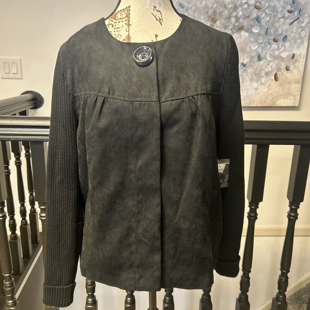 Studio Works Women Black‎ Suede Like Fabric Jacket 14 P Magnetic Closure NWT